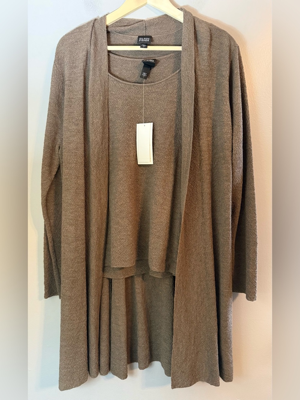 Eileen Fisher NEW Washable Wool Fine Crepe Cardigan and Shell Set Walnut Size L
